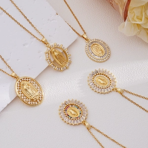 Virgin Mary 18k gold plated necklace with oval Guadalupe pendant and zircon accents