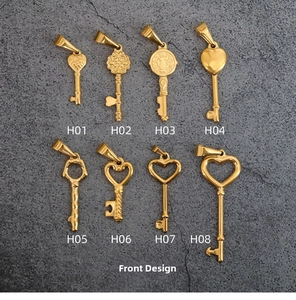 Detailed catalog of eight vintage gold titanium heart key charms for jewelry making