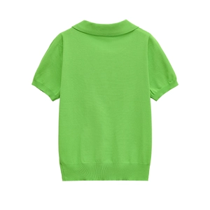 Back view of a green short-sleeved knit Polo shirt with ribbed cuffs and polo collar
