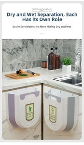Foldable wall-mounted kitchen waste bins in purple and grey for cabinet door sorting