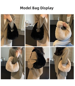 Sac à bandoulière en fausse fourrure noir et beige, porté par un mannequin en détail
