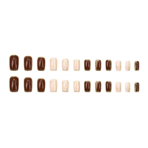 Short square red and chocolate press-on nails with gold glitter and checkered patterns