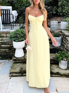 Elegant light yellow camisole A-line maxi dress with pleated bust and lace-up front detail