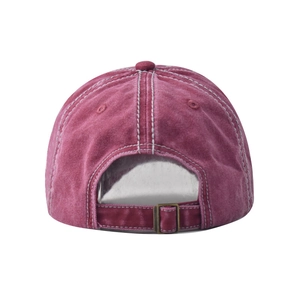 Detail of vintage washed purple cotton ponytail cap with adjustable bronze metal buckle back