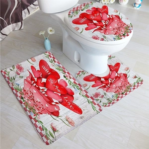Three-piece Valentine's heart bathroom mat set featuring non-slip rugs and a toilet lid cover