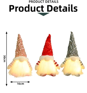 Detailed size view of three 30cm glowing Christmas gnomes with sequined hats and LED lights