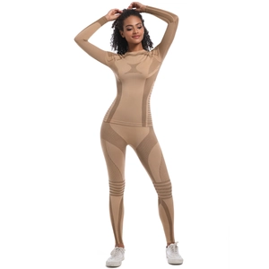 Close-up of seamless knitted khaki sportswear set showing breathable mesh and contour lines