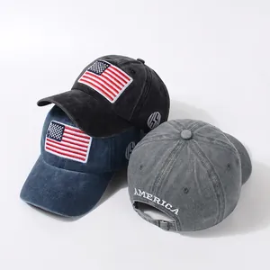 Vintage washed cotton baseball caps with American flag embroidery in multiple colors