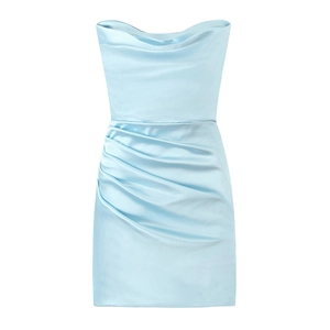 Sexy light blue satin bodycon dress with cowl neck, sleeveless design and ruching