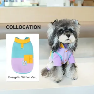 Fleece dog vest with colorful patchwork, D-ring leash attachment and side pocket