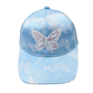 Light blue satin baseball cap for children with shimmering butterfly sequin patch