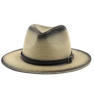 Mens woven fedora straw hat with gradient paint finish and brown leather band