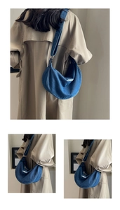 Three-way view showing the blue denim crescent hobo bag with adjustable wide strap