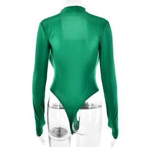 Rear view of sleek green long sleeve bodysuit with stand-up collar on white background