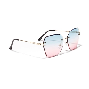 Retro rimless sunglasses with gold metal temples and blue-pink gradient lenses