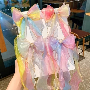 Rainbow gradient hair bow clip with pearl center and bead tassels for girls