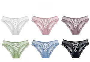 Détails des culottes en dentelle avec laçage croisé et design ajouré en six coloris divers
