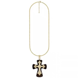 Vintage dark style cross pendant necklace with gold chain and resin wood finish