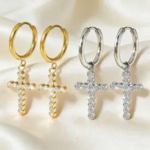 Titanium steel cross drop earrings with sparkling cubic zirconia in gold and silver finish