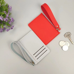 Portacarte sottile in pelle PU con cinturino da polso e chiusura a zip bicolore