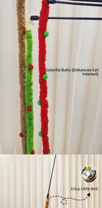 Detail of soft plush caterpillar cat wand toys in red green and brown with metal bells