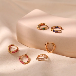 18K gold plated hoop earrings with colorful baguette-cut cubic zirconia crystals