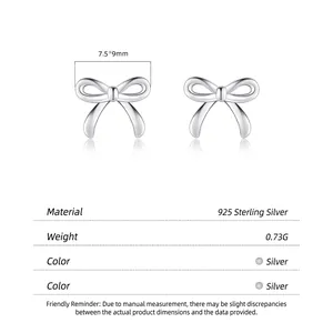Polished S925 sterling silver bow knot stud earrings 7.5x9mm minimalist jewelry