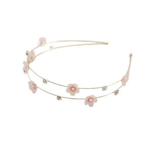 Double-layered gold headband with pink flowers and pearls on white background