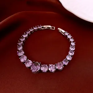 Exquisite purple zircon waterdrop heart tennis bracelet with silver plating on red silk