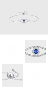 Macro detail of S925 sterling silver evil eye bracelet with blue pavé-set cubic zirconia