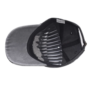 Detail of washed cotton baseball cap featuring inner sweatband and metal adjustment buckle