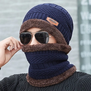 Winter thermal knit beanie and neck warmer set in dark blue with fleece lining