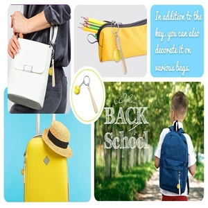 Mini wooden baseball bat keychain shown hanging on various backpacks and bags as accessories