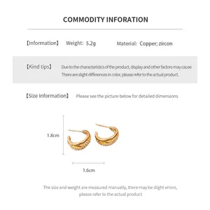 Detailed size chart showing dimensions and material of gold-plated zircon earrings