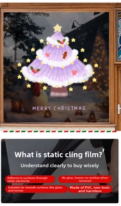Détail de l'autocollant statique sapin de Noël rose avec texte sur vitre pour décoration