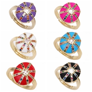 Vintage Geometric Open Ring Copper Gold Plated Colorful Zircon Micro-set Enamel Adjustable Finger Ring For Women