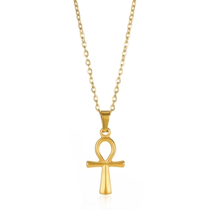 Macro shot of 18K gold plated Ankh cross pendant necklace with a classic O-chain