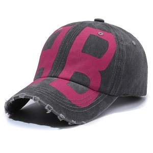 Distressed charcoal baseball cap featuring pink HB print and frayed brim detail