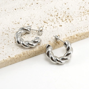 Polished silver twisted rope hoop earrings in minimalist 18K stainless steel style