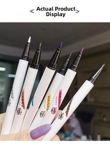 Close-up of a hand holding six colorful liquid eyeliners with fine tips and white barrels