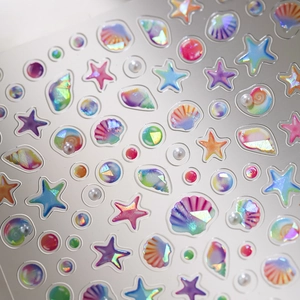 Ocean Theme Embossed Nail Stickers Holographic Iridescent Shell Starfish Faux Artificial Pearl Self-Adhesive PET Manicure DIY