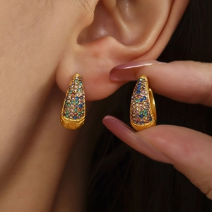 Gold-plated stainless steel hoop earrings with colorful zircon and turquoise stones