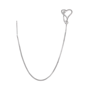 Detail of silver long chain ear crawler with hollow heart clip and polished finish