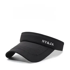 Detail of NY&JA embroidery on a black quick-dry breathable sun visor sports cap