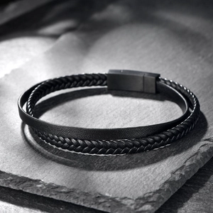 Mens black leather double layer braided bracelet with magnetic steel clasp on stone