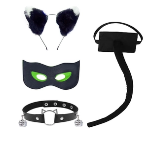 Close-up of 4pcs Halloween cat cosplay set with ears headband, mask, collar, and tail