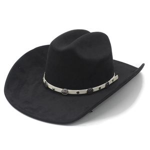 Classic black faux suede western cowboy hat with studded leather band and silver ornaments