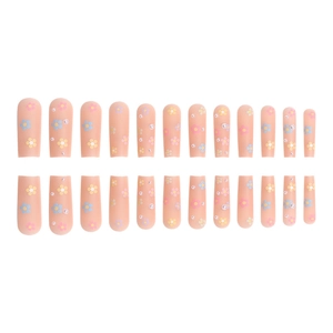 Set of 24 press-on nails in nude pink featuring floral patterns and pearl embellishments