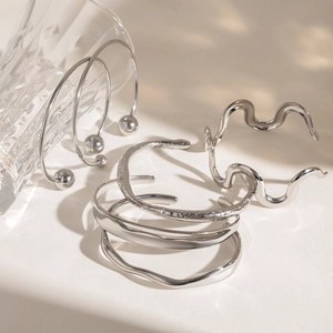 Irregular textured silver stainless steel bangles and spherical open cuff bracelet set