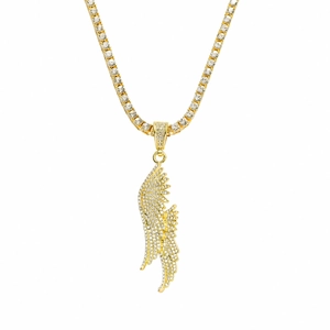 Hip Hop Angel Wing Pendant Necklace With Single Row Rhinestone Tennis Chain Alloy Bling Jewelry For Men Women